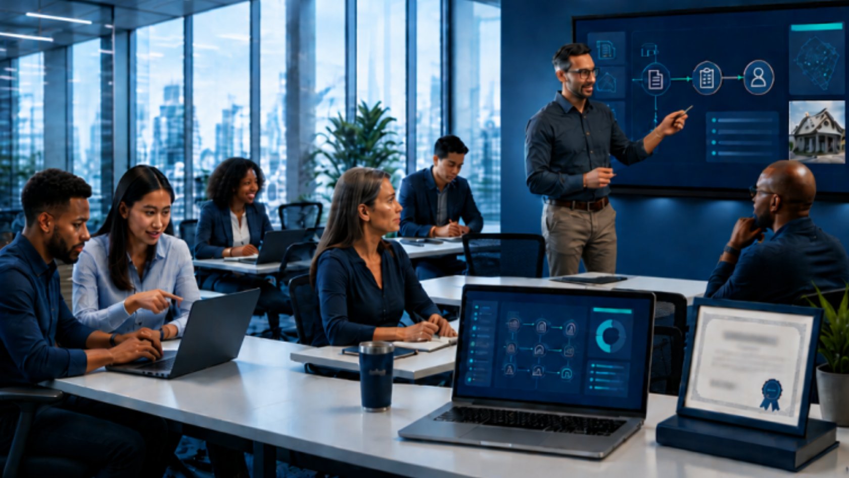 EIG adjuster training class led by an instructor at a presentation screen
